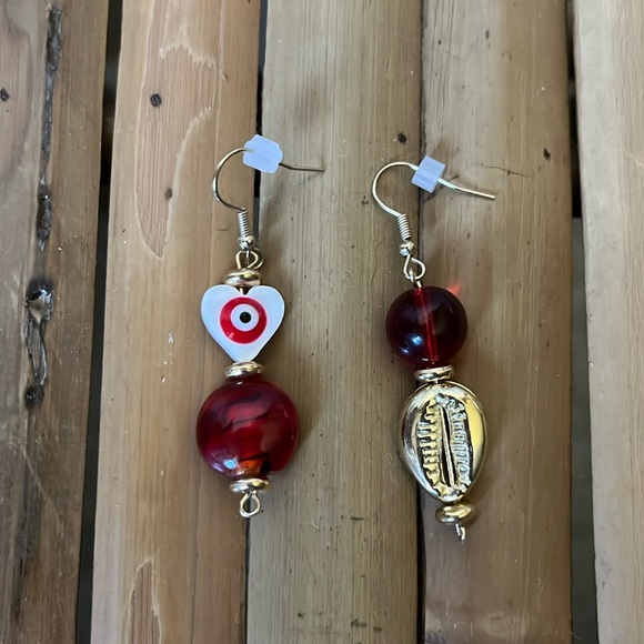 Jewelry - Handmade Cowrie & Evil Eye Heart Gold-tone Earrings